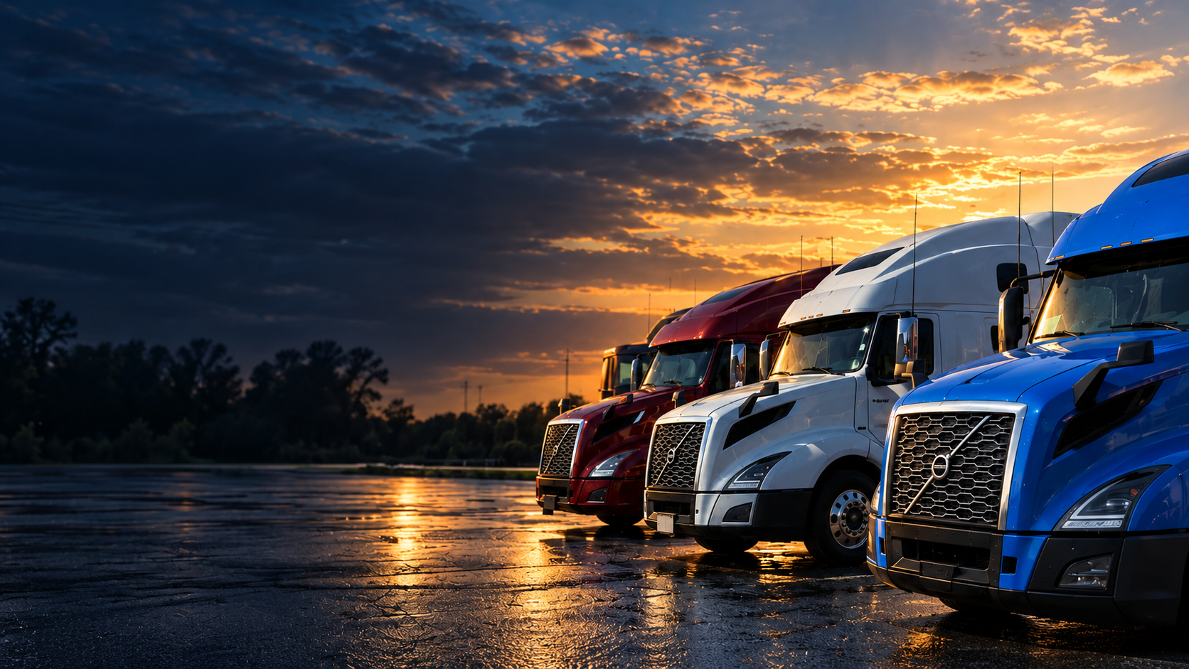 Three semi-trucks parked at sunset.
